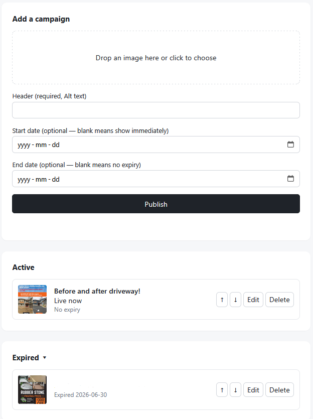 Admin page for managing promotional campaigns